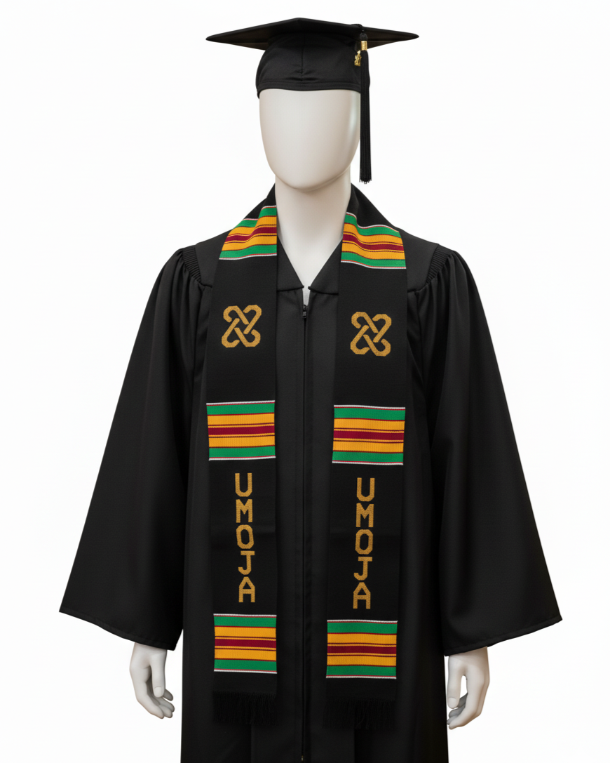 UMOJA Unity Stole, Black with Gold and Green African Kente Graduation Stole