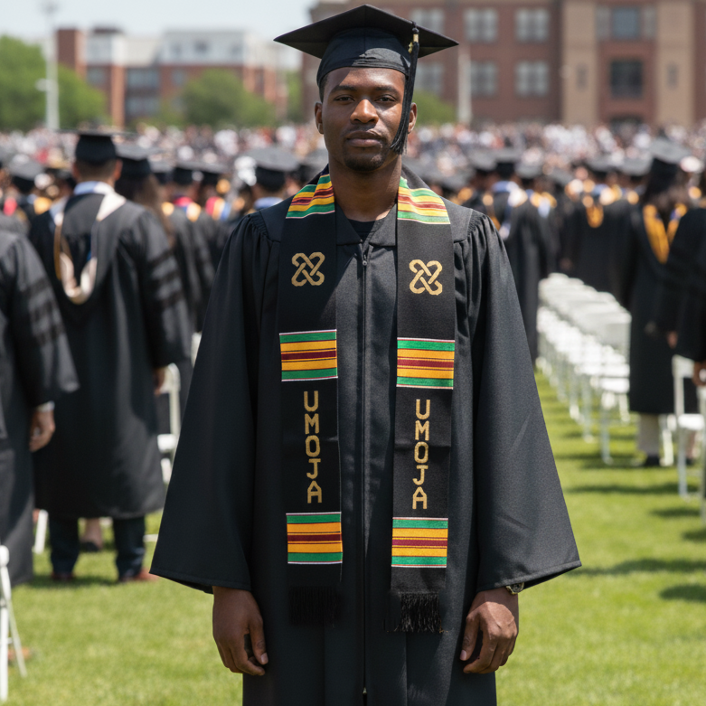 UMOJA Unity Stole, Black with Gold and Green African Kente Graduation Stole