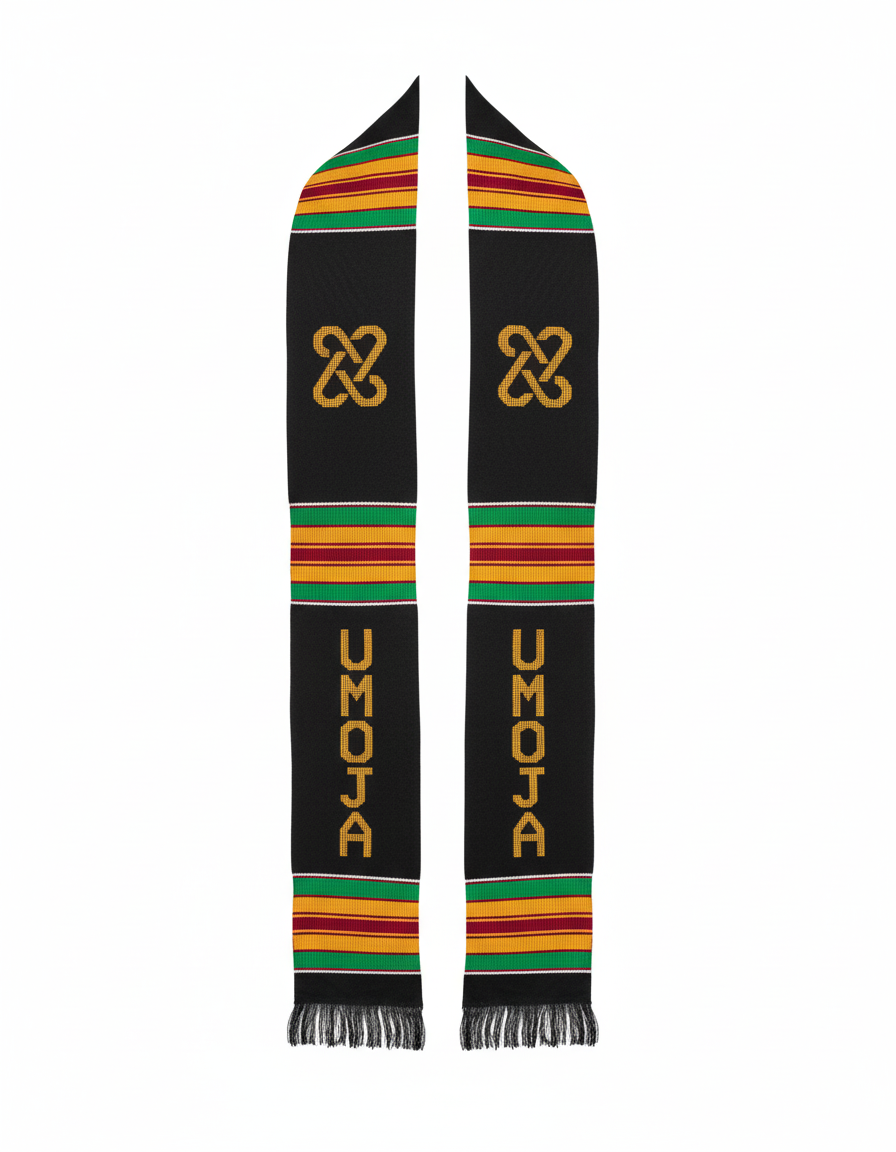 UMOJA Unity Stole, Black with Gold and Green African Kente Graduation Stole
