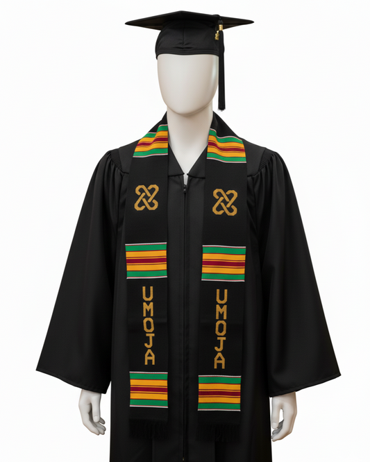 UMOJA Unity Stole, Black with Gold and Green African Kente Graduation Stole