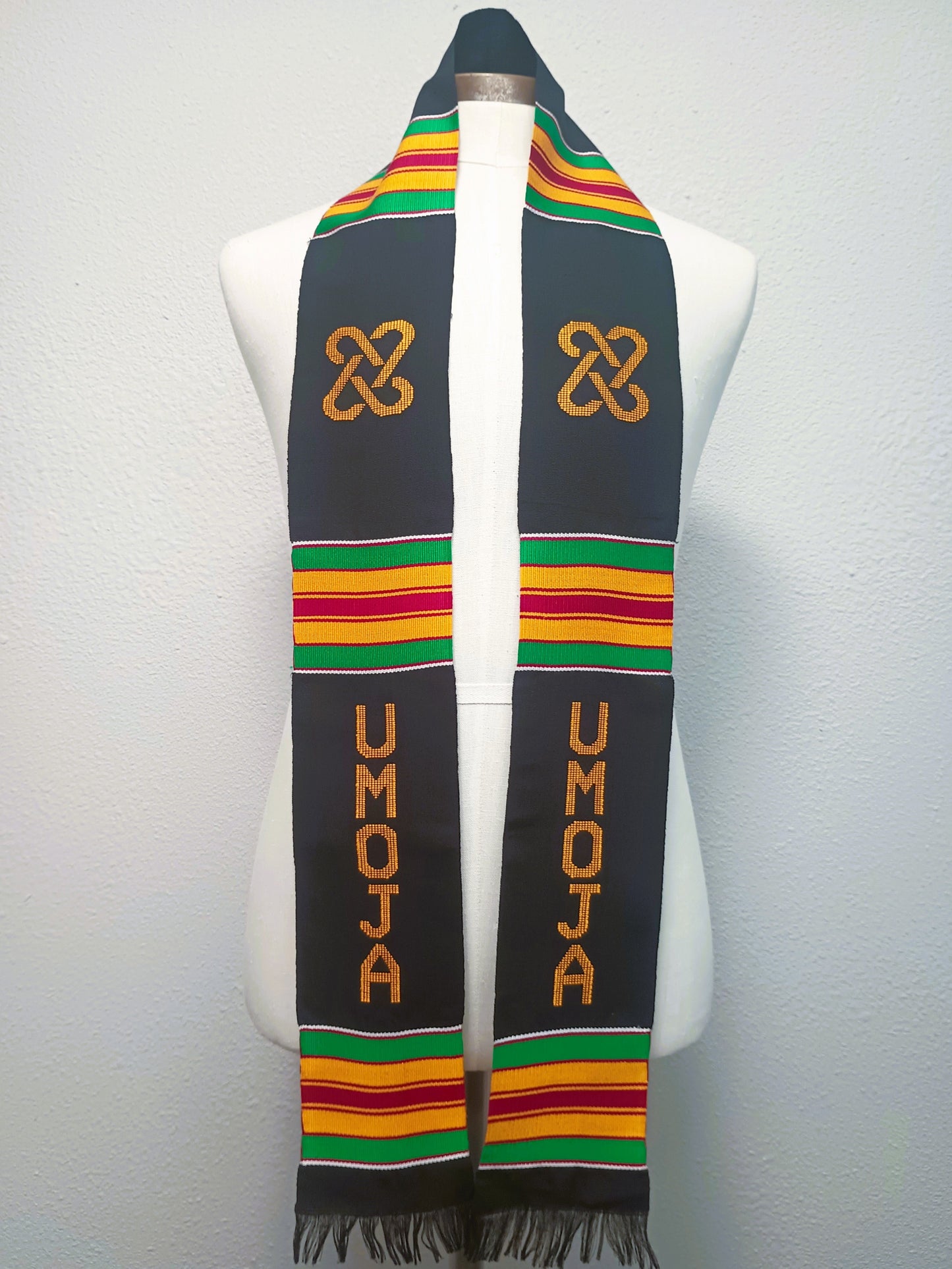 UMOJA Unity Stole, Black with Gold and Green African Kente Graduation Stole