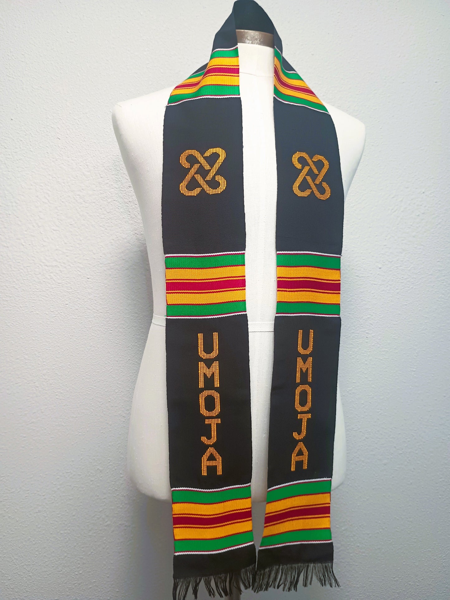 UMOJA Unity Stole, Black with Gold and Green African Kente Graduation Stole