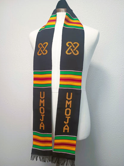 UMOJA Unity Stole, Black with Gold and Green African Kente Graduation Stole